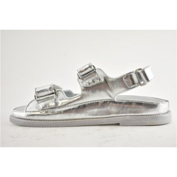Chanel 22C Silver Laminated Star CC Logo Mule Slide Strap Flat Dad Sandal 35.5 - Picture 8 of 12